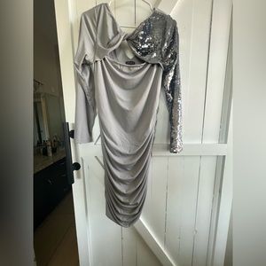 Silver midi cocktail dress w/ sequin sleeve